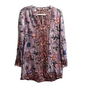 Soft Surroundings Womens Purple Blouse Top Sz M Floral Tunic V Neck Long Sleeve